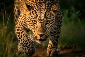 ai genererad leopard i de okavango delta - moremi nationell parkera i botswana, närbild av en leopard stalking byte, ai genererad foto
