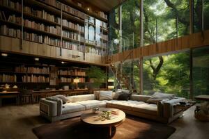 ai genererad interiör av en modern levande rum med en bokhylla och en soffa, en vackert designad Hem bibliotek, ai genererad foto