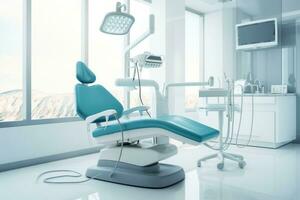 ai genererad interiör av modern dental kontor med blå stol och Utrustning. 3d tolkning, en tandläkare stol i de dental kontor, tandvård begrepp, ai genererad foto