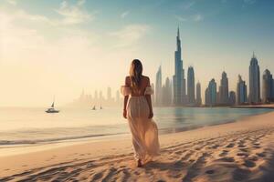 ai genererad skön ung kvinna i vit klänning gående på de strand med dubai horisont i de bakgrund, en skön kvinna bak- se gående på de strand i dubai, i de bakgrund, ai genererad foto