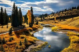 ai genererad färgrik höst landskap i yellowstone nationell parkera, Wyoming, usa, höst landskap i gulsten, Wyoming, usa, ai genererad foto