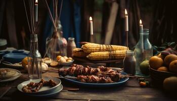 ai genererad en gourmet mexikansk måltid med grillad kött, färsk grönsaker, och sås genererad förbi ai foto