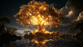 ai genererad lysande träd i de natt himmel, natur trogen inferno genererad förbi ai foto