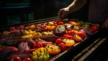 ai genererad grillad kyckling, bakad grönsaker, utegrill kött, friska gourmet måltid genererad förbi ai foto