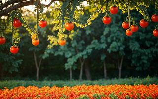 ai genererad riklig skörda vibrerande tomater hetero från de trädgård ai genererad foto