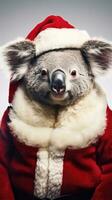 ai genererad söt koala röd santa hatt bakgrund snö vykort fluffig djur gåva röd vinter- Foto