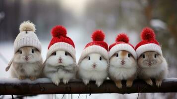 ai genererad söt rådjur röd santa hatt bakgrund snö vykort fluffig djur gåva röd vinter- Foto