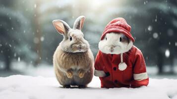 ai genererad söt rådjur röd santa hatt bakgrund snö vykort fluffig djur gåva röd vinter- Foto
