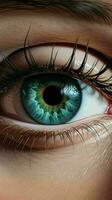 ai genererad en stänga upp av en kvinnas öga med en ljus skön iris foto