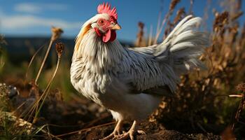 ai genererad en söt tupp i en kyckling coop, omgiven förbi natur genererad förbi ai foto