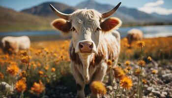 ai genererad söt smågris betning på grön äng, ser på daisy genererad förbi ai foto