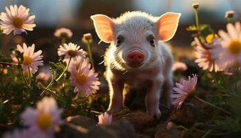 ai genererad söt smågris betning på grön äng, ser på daisy genererad förbi ai foto