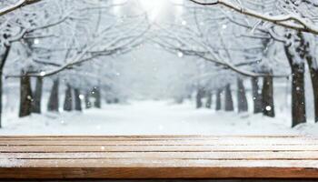 ai genererad vinter- bakgrund och trä- tabell. skön vinter- scen. foto