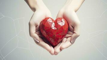 ai genererad hjärta i händer. mänsklig händer innehav röd hjärta på vit bakgrund - medicinsk begrepp. foto