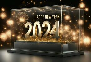 ai genererad Lycklig ny år skriven på svart bakgrund med gåvor. Lycklig ny år 2024. foto