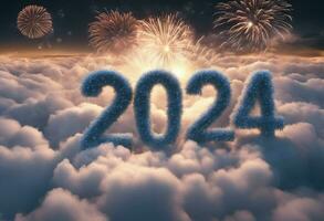 ai genererad Lycklig ny år skriven på blå bakgrund glad ny år 2024. foto