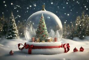 ai genererad jul träd inuti en glas boll och snö med en jul bakgrund. foto