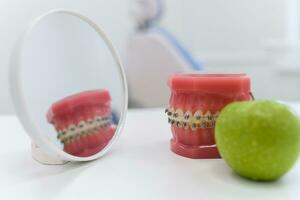 artificiell käftar med tandställning och med ett äpple är reflekterad i de spegel foto
