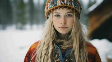 ai genererad en finska lady i traditionell samiska Kläder foto