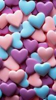 ai genererad många färgrik choklad hjärtan är anordnad i en mönster foto