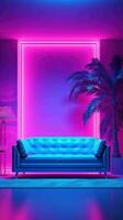 ai genererad skön modern levande rum med soffa, inomhus- växter och neon lampor foto
