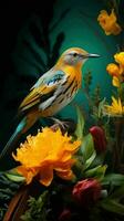 ai genererad skön sällsynt fågel och vår blommor foto