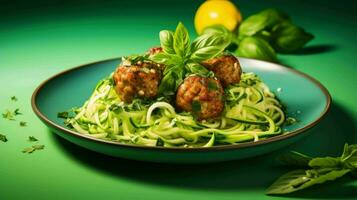 ai genererad vitlök Smör Kalkon köttbullar med zucchini spaghetti foto