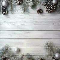 ai genererad jul bakgrund med gran grenar och grannlåt på vit trä- bakgrund foto