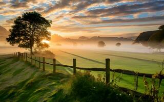 ai genererad eterisk gryning, en glimt in i de lugn engelsk landsbygden foto