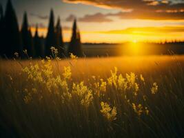 ai genererad abstrakt mjuk fokus solnedgång fält landskap av gul blommor och gräs äng värma gyllene timme solnedgång soluppgång tid. lugn vår sommar natur närbild och suddig skog bakgrund. foto