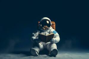 ai genererad söt spaceman eller astronaut Sammanträde på bergstopp och läsning bok. foto