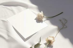 ai genererad tom bröllop inbjudan kort falsk upp med naturlig blomma för dekorerad på vit bakgrund, minimal design foto