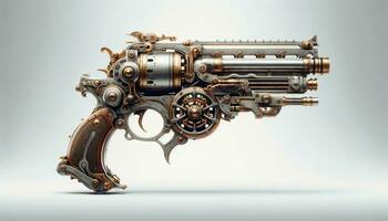 ai genererad invecklad steampunk pistol med detaljerad mekanisk design foto