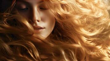 ai genererad eterisk skönhet med strömmande gyllene hår i ljus foto