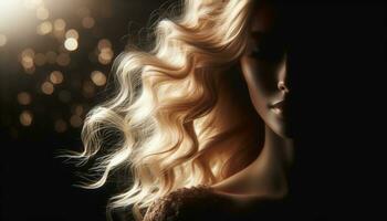 ai genererad skönhet kvinna med lyxig hetero blond hår. strålnings blond vågor i eterisk glöd foto