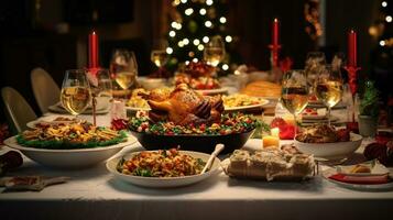 ai genererad jul middag tabell full av maträtter med mat och mellanmål, jul händelse foto