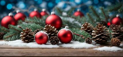 ai genererad jul dekorationer, kottar, och gran grenar på en snötäckt trä- tabell. festlig baner bild. foto