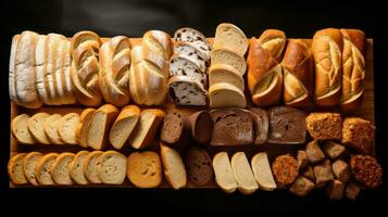 ai genererad mjöl brun måltid bakning bröd franska vete friska skorpa färsk annorlunda råg limpa foto