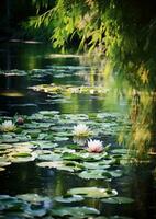 ai genererad lilja botanisk bakgrund blad lotus grön damm trädgård vatten- vatten sommar flora växt foto