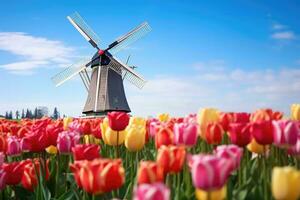 ai genererad nederländerna landmärke grön natur lantlig holland blå blommor landskap himmel Europa foto