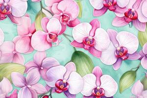 ai genererad design sömlös dekorativ tropisk illustration mönster rosa exotisk vattenfärg orkide foto