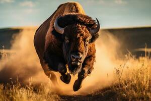 ai genererad bison buffel tjur vilda djur och växter besättning ansikte stor horn djur- natur betning däggdjur utomhus foto