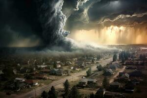 ai genererad vind ljus åskväder orkan stad regn moln naturskön tornado sommar fara foto