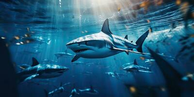 ai genererad vild liv under vatten natur utomhus- hav hav stor fisk blå haj bakgrund. djup dyka dykning dykning jägare djur- foto