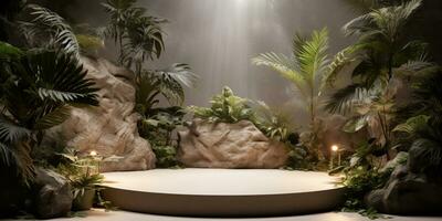 ai genererad beige runda podium dekorerad med grön trädgård växter, display för kosmetisk .tömma monter för produkt presentation foto