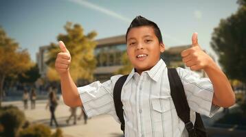 upphetsad ung latinamerikan pojke bär en ryggsäck ger två tummen upp på campus. foto