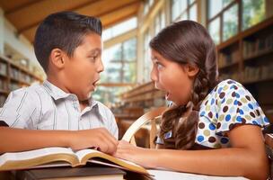 två latinamerikan skola barn i en bibliotek med en chockade uttryck på deras ansikten foto