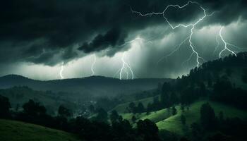 ai genererad ljus blå himmel, mörk silhuett träd, vibrerande blixt- bult genererad förbi ai foto