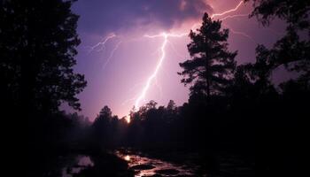 ai genererad ljus blå himmel, mörk silhuett träd, vibrerande blixt- bult genererad förbi ai foto