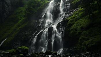 ai genererad majestätisk vattenfall strömmande genom tropisk regnskog, en hisnande äventyr genererad förbi ai foto